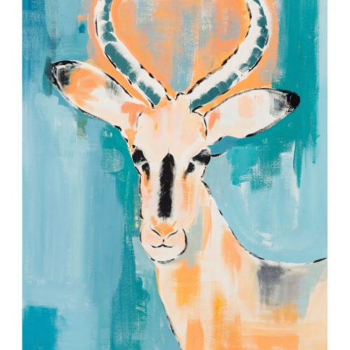 Antelope - animal art print by Sonia McMullen, working from her home on Isle of Wight, UK. The oranges are turned up to a more saturated hue and the antelope gazes out to us from a classic backdrop of pastel and moody grey blues jostling with the teal and turquoise of the summer seas. Her animal art prints are available in 5 sizes, A4-A0. Frame not included