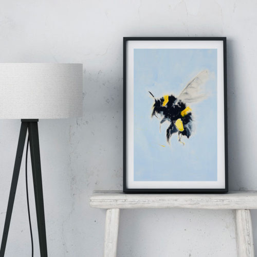 Bumblebee print by Isle of Wight artist Sonia McMullen. Bring the outside in with the cool hues of the buff tailed bumblebee. A fresh palette, white edge and minimal brush strokes bring a contemporary feel to the image of this little European native. The clear blue background of this Bumblebee print will set a calming, soothing vibe to your space. This wildlife wall art print is available in 5 sizes, A4-A0. Paper: Acid-free, museum quality fine art paper with a soft textured finish. Weight: 315gsm, Frame not included