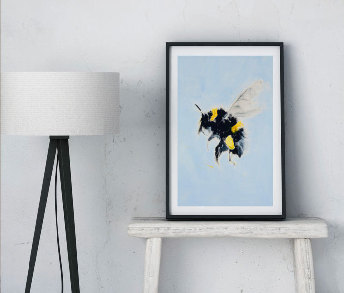 Bumblebee print by Isle of Wight artist Sonia McMullen. Bring the outside in with the cool hues of the buff tailed bumblebee. A fresh palette, white edge and minimal brush strokes bring a contemporary feel to the image of this little European native. The clear blue background of this Bumblebee print will set a calming, soothing vibe to your space. This wildlife wall art print is available in 5 sizes, A4-A0. Paper: Acid-free, museum quality fine art paper with a soft textured finish. Weight: 315gsm, Frame not included