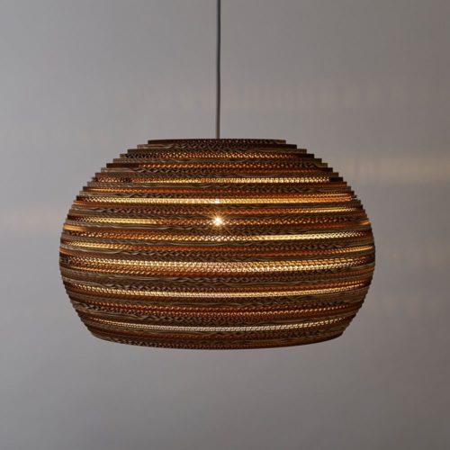 CartOn C5 cardboard lamp shade - sphere pendant light Handmade in the UK entirely from cardboard. Using cardboard from FSC certified forests and made from 85% recyled material. Pendant fitting, with a beautiful lined cardboard pattern that gives a warm ambient glow to your home decor. Maximum wattage: 100w incandescent, compatible with CSL and LED lamps of equivalent wattage. Non toxic, biodegradable glue and local materials. Explore Tabitha Bargh's brand page at chalkandmoss.com/brand/tabithabargh to see sustainable, eco friendly cardboard lighting in all shapes and sizes.