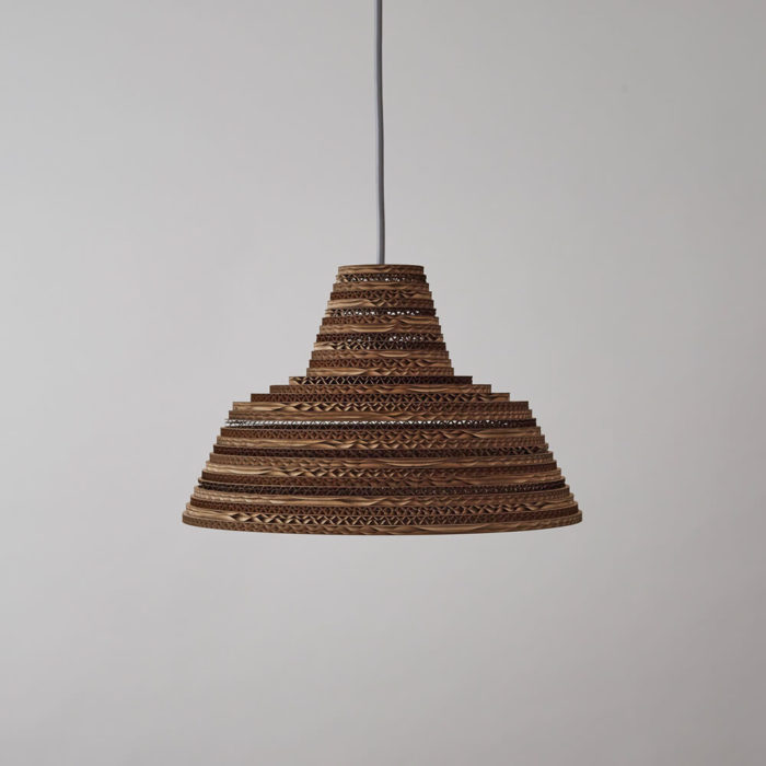 CartOn C7 - natural lamp shade - corrugated cardboard pendant light Handmade in the UK from natural cardboard, from FSC certified forests and made from 85% recycled material. Non toxic, biodegradable glue, sources local, and uses FSC certified materials. Pendant fitting. Max 60w incandescent, or CSL and LED lamps of equivalent wattage. These natural lamp shades come in different shapes and sizes at chalkandmoss.com.