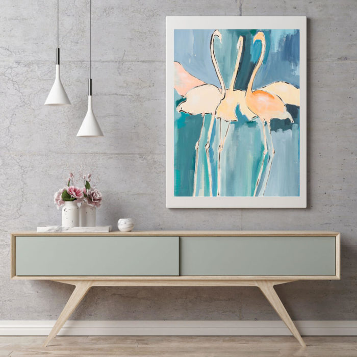 Flamingo art print by British artist Sonia McMullen. The blue, turquoise and warm orange glow of this Flamingo art print will set a contemporary art tone to your space. The contemporary colours of delicate rose, fresh salmon & the softest pale, yet warm oranges in the flamingos contrast perfectly with the opposite blues and greens of the sea and the sky. These modern animal art prints are available in 5 sizes, A4-A0. Paper: Acid-free, museum quality fine art paper with a soft textured finish. Weight: 315gsm, frame not included