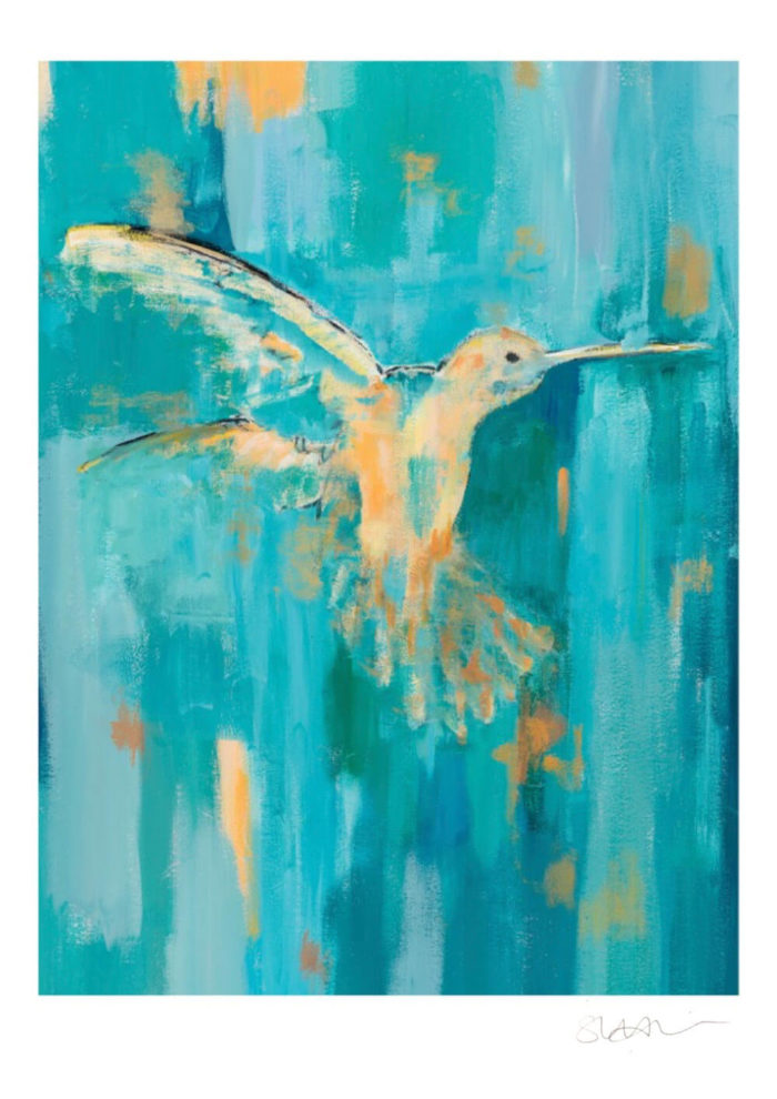 Hummingbird print, a modern wall art print from original artwork by British artist Sonia McMullen. In Sonia’s classic semi abstract style, the hummingbird dances with apricot, pale peach through to burnt orange highlights; from a teal, turquoise and feathery soft blue. The warm glow of this Flamingo art print will set a contemporary art tone to your space. These modern animal art prints are available in 5 sizes, A4-A0. Paper: Acid-free, museum quality fine art paper with a soft textured finish. Weight: 315gsm, frame not included