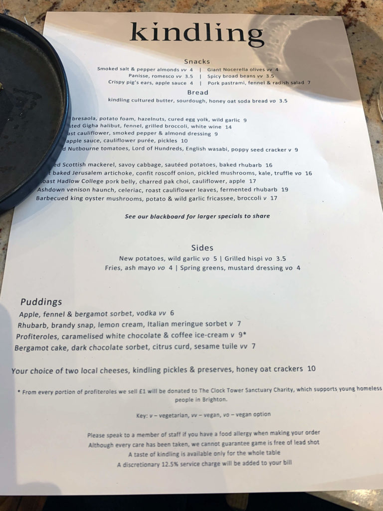 The menu at Kindling, East Street Brighton. Eat local and natural!