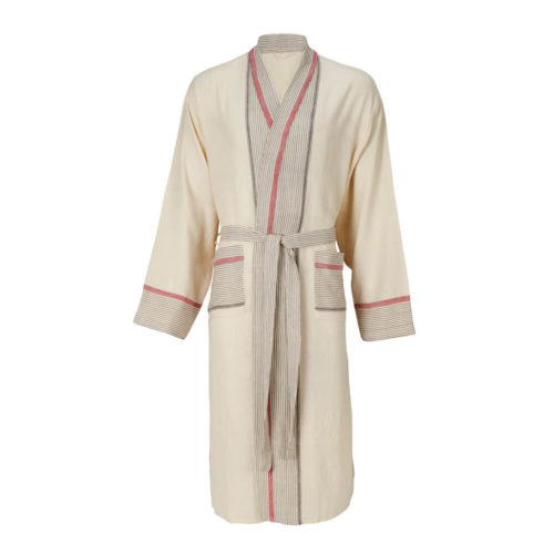 Womens dressing gown in 100% natural cotton, designed as a kimono style bathrobe for home and away. Seen here in cream with a stripe design, also available in several other colours.