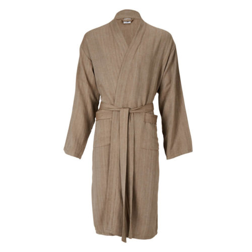 Womens dressing gown in 100% natural cotton, designed as a kimono style bathrobe for home and away. Seen here in taupe with a stripe design, also available in several other colours.