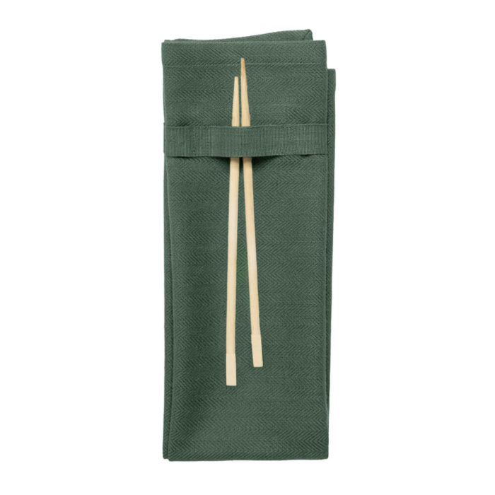 Organic napkins in many colours, shown here in lush forest dark green. Defying seasonal trends, these cotton napkins are designed for long term use. They have a handy loop for hanging or attaching chopsticks or other table decor. Sustainable Scandinavian kitchen textiles and homewares. Designed in Copenhagen, Denmark. 40x50cm