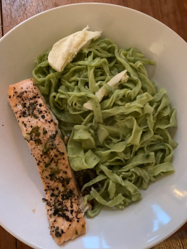 Wild garlic pasta recipe - home made pasta dough, cooked and served with oven baked salmon.