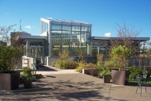 Biophilic design: Center for Sustainable Landscapes, Phipps Conservatory and Botanical Gardens. The floor to ceiling windows allow daylight to stream in, and give people full visibility in and out. Those inside the building are enveloped into the surrounding greenery.