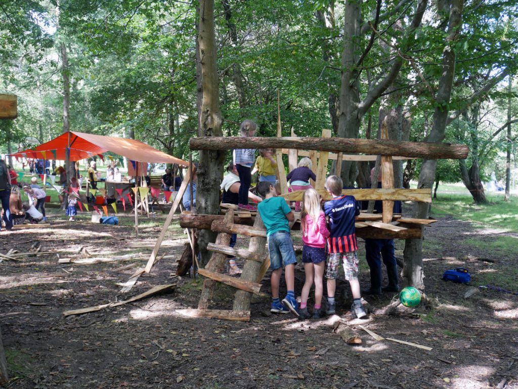 Woodland Tribe's adventure playground at Into The Trees. Entirely made by children, supervised by adults. Let the kids be kids!