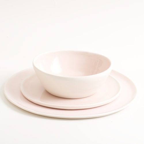 Handmade Porcelain Dinner Set. Three pieces with a bowl and two plates by Linda Bloomfield. These soft pastel porcelain plates and bowls are ideal for cereal at breakfast, soup at lunchtime, and pasta at dinner. Mix and match pink, pale blue, turquoise and grey. Hand thrown in London. Dishwasher safe.
