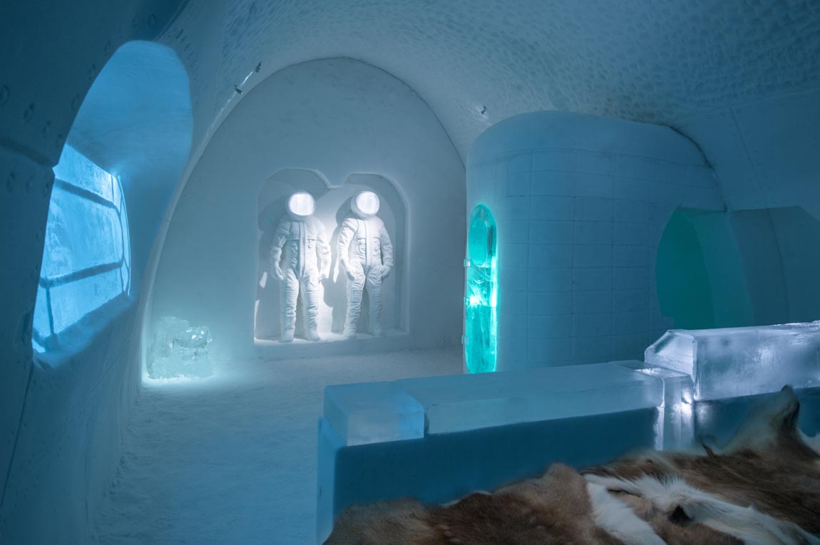 icehotel space room, with frozen ice hotel sculptures