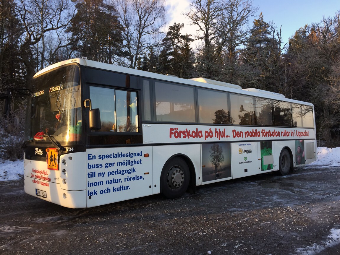 Uppsala's mobile preschool. This bus travels around outdoor spots to give the children a nature connected learning experience.