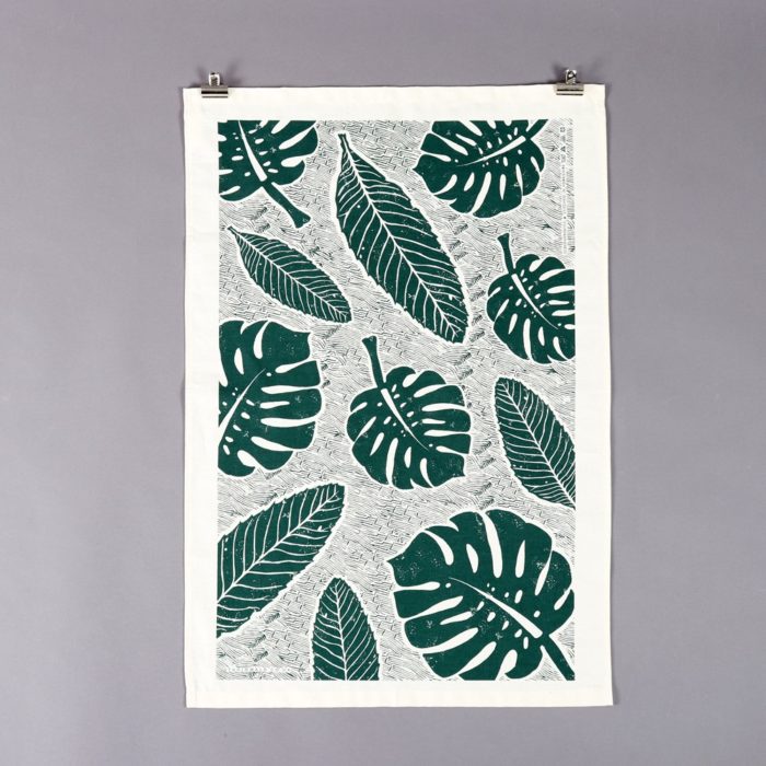 Green tea towel with a screen printed large leaf design. By Wald on Chalk & Moss (chalkandmoss.com).