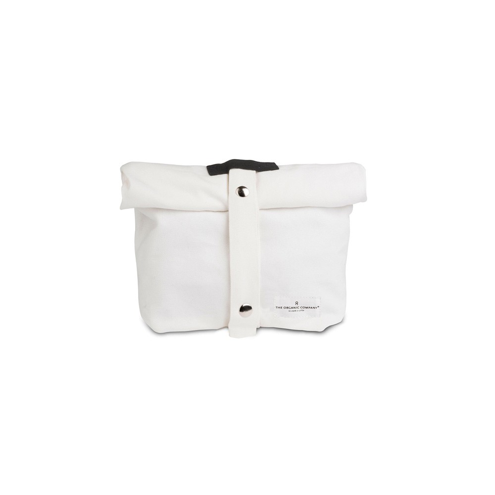 Eco lunch bag in pure cotton canvas by Organic Company on Chalk & Moss. Available in black, natural white and dark blue. Features an adjustable strap. Shown here in white.