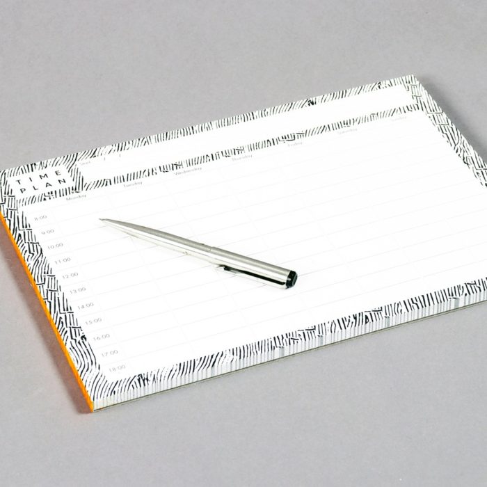 52 page time planner in recycled paper, scheduling work or study from 8-18.00 each day. A4 format, ideal for desks and walls. 21 x 29.7cm (A4). Design by Wald, sold on chalkandmoss.com.