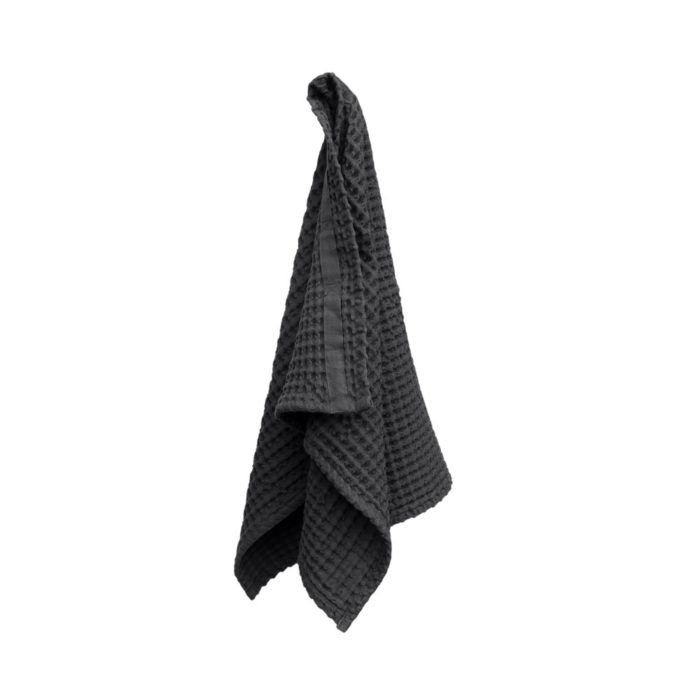 Big waffle hand towel in dark grey. By Denmark's The Organic Company. 100% GOTS certified organic cotton, ethically made in India. Sold on nature connected design shop Chalk & Moss (chalkandmoss.com)