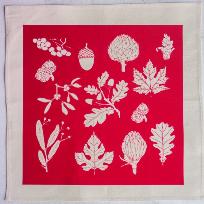 Cotton napkins in winter leaf print, shown in poppy red (other colours available). Find them on Chalk & Moss (chalkandmoss.com).