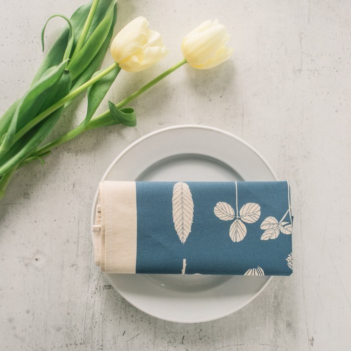 botanical cotton napkins (set of 4). These nature print napkins by Softer + Wild are screen printed and available in several vibrant colours on Chalk & Moss (chalkandmoss.com) Seen here in kingfisher blue.