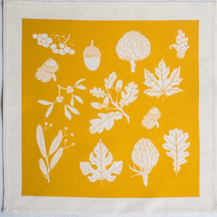 Cotton napkins in winter leaf print - 4 colours available, seen here in vibrant tangerine. By Softer + Wild on Chalk & Moss (chalkandmoss.com).