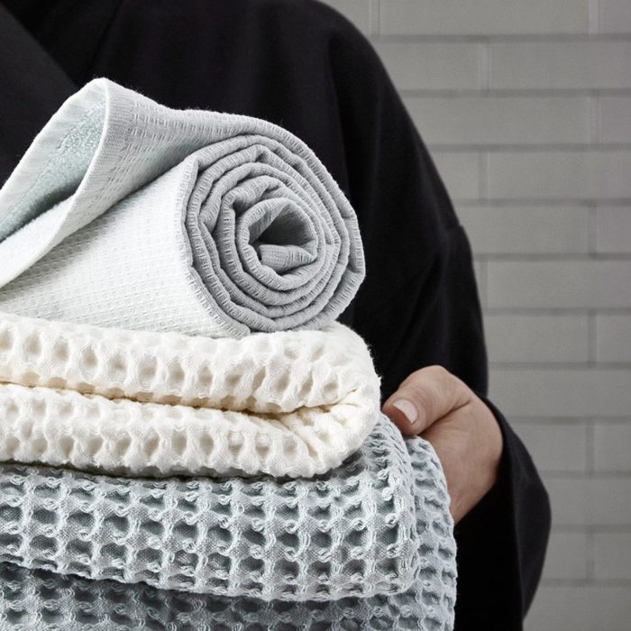 Waffle towel designed by The Organic Company. This soft and absorbent medium sized towel is available in a range of soft colours with a Scandinavian feel.