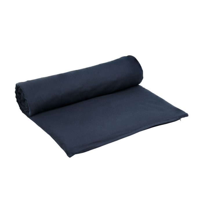 A meditation mat or padded yoga mat that eases you into meditation, relaxation and yoga, with a handle. Designed in Denmark. Organic cotton, made ethically in India. Shown here in blue.