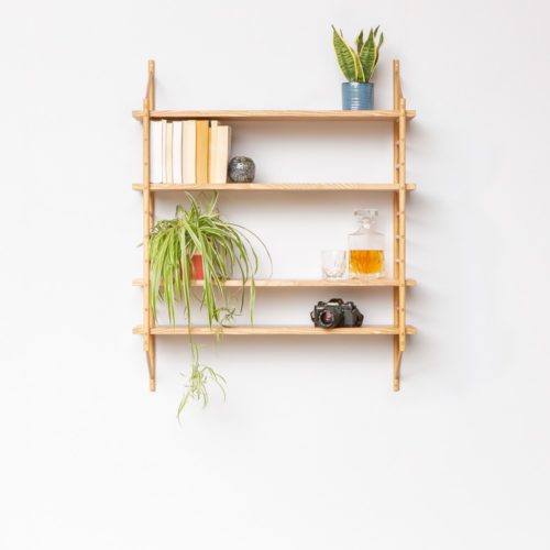 4 shelf set in the MIMA modular component shelving by John Eadon. You can choose how many shelves you would like in your configuration, and choose from four wood types.