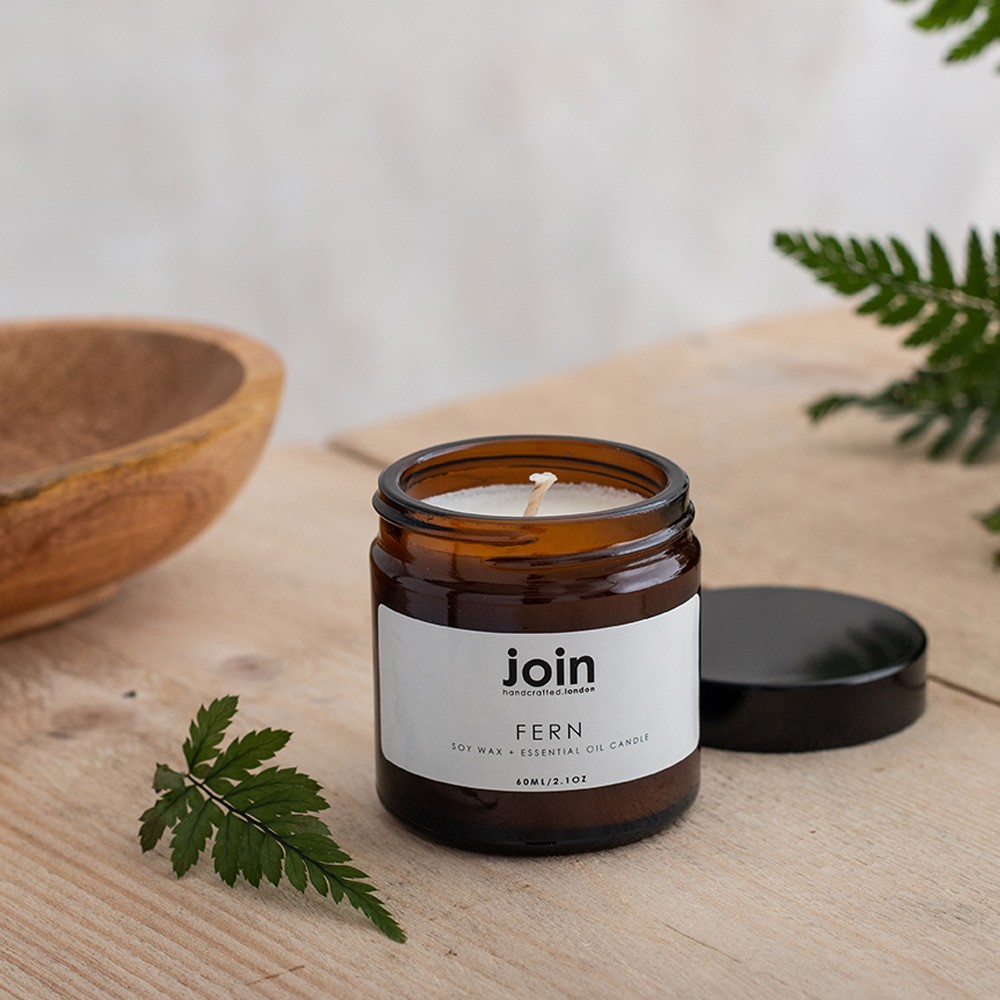 This Fern soy wax candle blend oozes fresh, zingy top notes of citrus fused with a elegant rose mid note and woody, herbaceous pine and rosemary undertones. A complex, refreshing fragrance that treats the senses. Choose three sizes. Seen here is the smallest, 60ml size, with a burn time of 10-15 hours. Join's luxury aromatherapy candles are cruelty free, vegan and handmade in small batches in London with high quality essential oils and soy wax. You can see Join's full collection of soy wax candles, room diffusers, room mists at chalkandmoss.com.