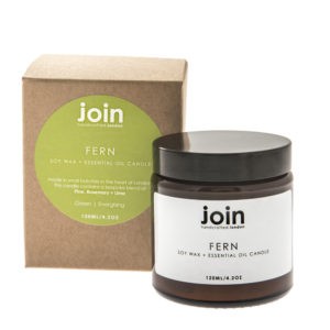 The Fern soy wax candle combines fresh, zingy top notes of citrus with a elegant rose mid note and woody, herbaceous pine and rosemary undertones. A complex, refreshing fragrance that reboots the mind. A perfect gift for a hard working partner! Choose your aromatherapy candle from three sizes. This is the 120ml size, with a burn time of 20-25 hours. Join's luxury aromatherapy candles are cruelty free, vegan and handmade in small batches in London with high quality essential oils and soy wax. They are presented in a lovely recycled gift box. You can see Join's full collection of soy wax candles, room diffusers, room mists at chalkandmoss.com.