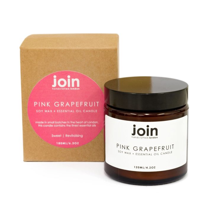 Pink grapefruit uplifting luxury candles Pink grapefruit luxury candles, hand crafted in London using 100% vegan soy wax and natural essential oil. The pink grapefruit scented candle is a happiness inducer - this zingy essential oil is often used to treat depression, so it's uplifting quality will be appreciated in any home or setting. This makes it the perfect gift for your friend who has everything! These aromatherapy candles look and smell beautiful both day and night. Choose from three sizes ranging from 10 hours to 45+. Luxury candles by Join are made from natural, cruelty free ingredients with recycled packaging. The pink grapefruit soy candle is part of Join's collection of candles, diffusers and room mists, all in a beautiful selection of essential oil fragrances, all available on Chalk & Moss (www.chalkandmoss.com).