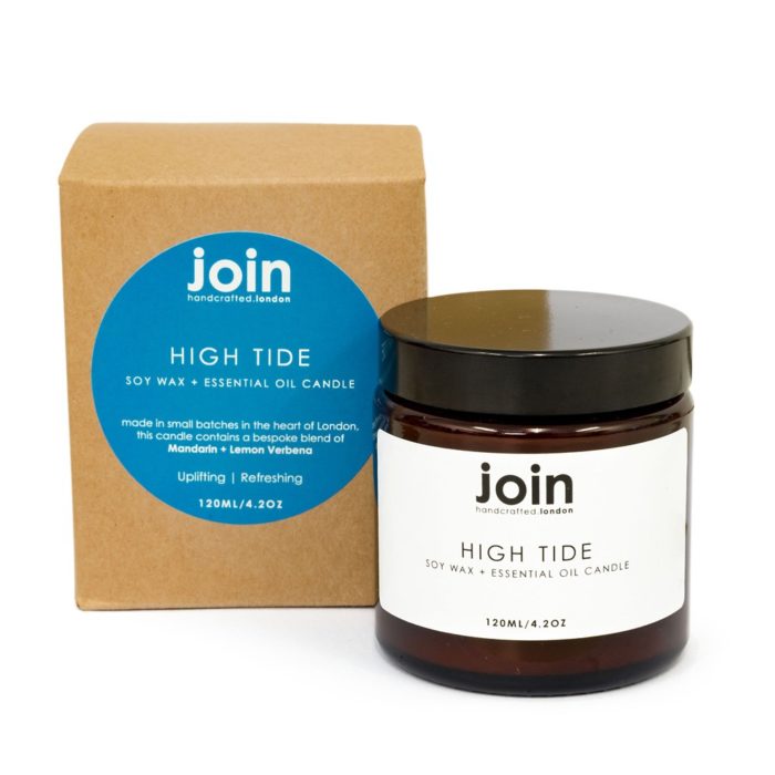 Are you after a refreshing and uplifting home fragrance? This careful blend of mandarin and lemon verbena will lift your soul when the beach is just too far. High Tide is a clean fragrance and packs a citrus zest punch like a walk on the beach on a blustery day. Available in 3 sizes. This shows the 120ml candle, with a burn time of 20-25 hours. If you're looking for gifts for women who appreciate the finer things in life, this refreshing blend is sure to satisfy their cravings. Each Join luxury candle is 100% natural, vegan, cruelty free and scented with essential oils. Handcrafted in London in small batches and gift wrapped in a lovely recycled kraft box shown here. You can see them all, along with room diffusers and room mists, on chalkandmoss.com.