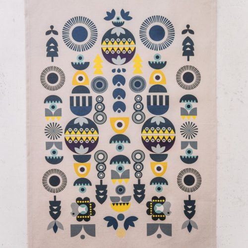 Two designs inspired by Scandinavian and Eastern European folklore in a '70s style. These make beautiful and alternative Christmas tea towels. This is the "Solstice" design. Also available in a colourful "Bright" design. 70 x 50cm.