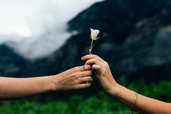 Women holding hands, with a white flower between them. In the background are mountains and low clouds. This image represents women and friendship. Photo by Evan Kirby on unsplash.com.