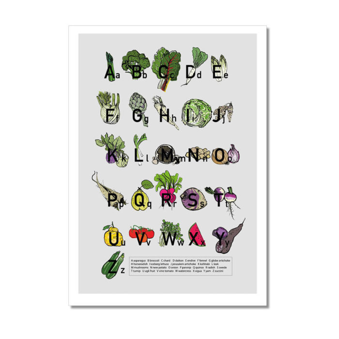 A to Z alphabet poster print from original artwork by Amy Hope. Signed A2 Fine Art Giclee print on 220gsm white archival paper. Get your daily dose of fresh vegetables plus a little bit of fruit.