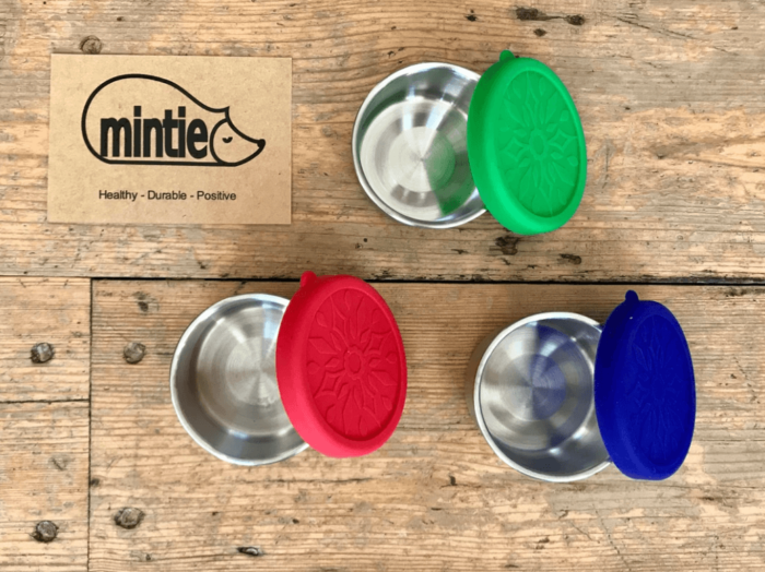 3 Mintie mini snack Pots in berry colours The pots measure 4cm tall and 7cm in diameter with the lids on and 6.5cm with the lid off. 75ml capacity Each set comes with 3 different coloured BPA-free silicone lids in blueberry, raspberry and grape tones. These are perfect for all your snacks on the go, as weaning dishes or as toddler pots. Mintie Mini's are leakproof making them ideal for hummus, applesauce or yogurt. The full Mintie collection of stainless steel lunch boxes, storage boxes and water bottles can be seen at chalkandmoss.com/brand/mintie/