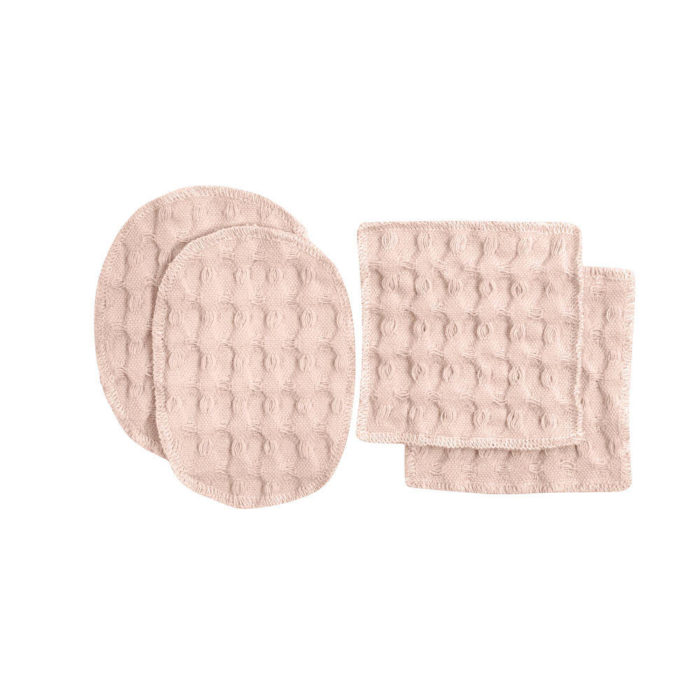 Reusable makeup pads, perfect for facial care and makeup removal. Simply wash, dry and reuse! Box of 2 oval ( 7x11cm) and 2 square (8x8cm) cotton pads. 100% organic cotton makeup remover pads in a range of soft and earthy colours. These beauties are made from excess fabrics in the big waffle production, to minimise waste. A true zero waste products for sustainable living. By The Organic Company at Chalk & Moss. Seen here in pale rose.