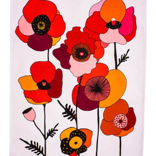 Bright and colourful floral tea towel featuring hand-drawn summer flowers. This Poppy botanical tea towel comes in two bold designs, in red and blue. Choose from a repeated pattern ("Pattern") or a single motif ("Portrait"). Seen here is Red Pattern.  The shapes and colours are evocative of fun retro designs from Scandinavia.  70 x 50cm