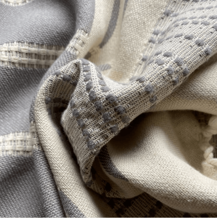 Defne are super soft and sumptuous, jacquard loomed peshtemals in organic cotton, perfect for cooler seasons. 90 x 175 cm. Seen here in close up of the ash colour.